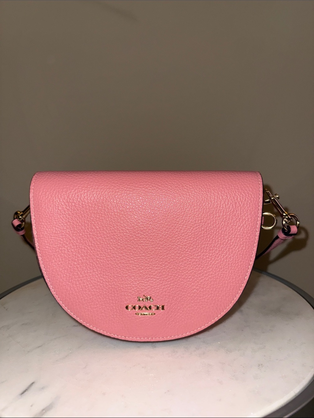 Coach Pink Pebbled Leather Saddle Bag with Adjustable Strap